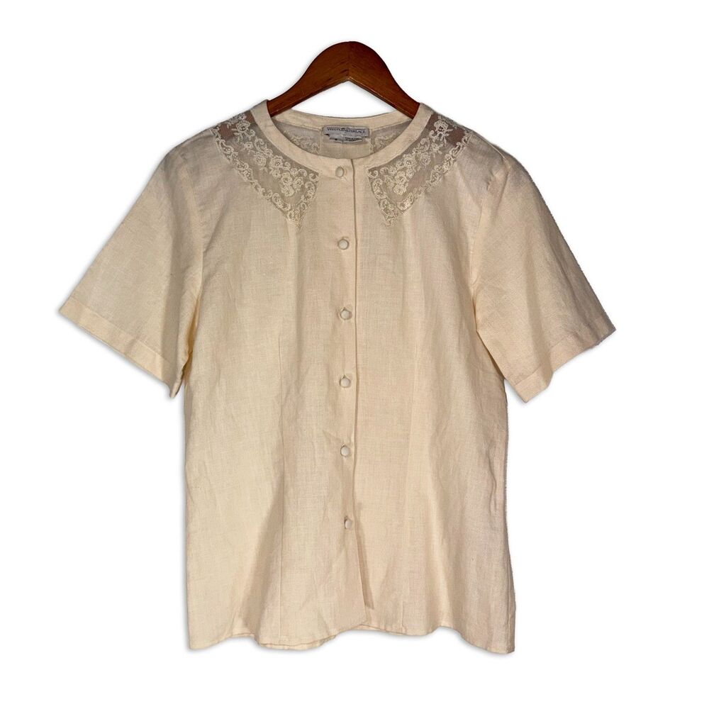Vintage Westminster Lace Linen Cotton Blouse Size 8 Ivory Lace Detail USA Made